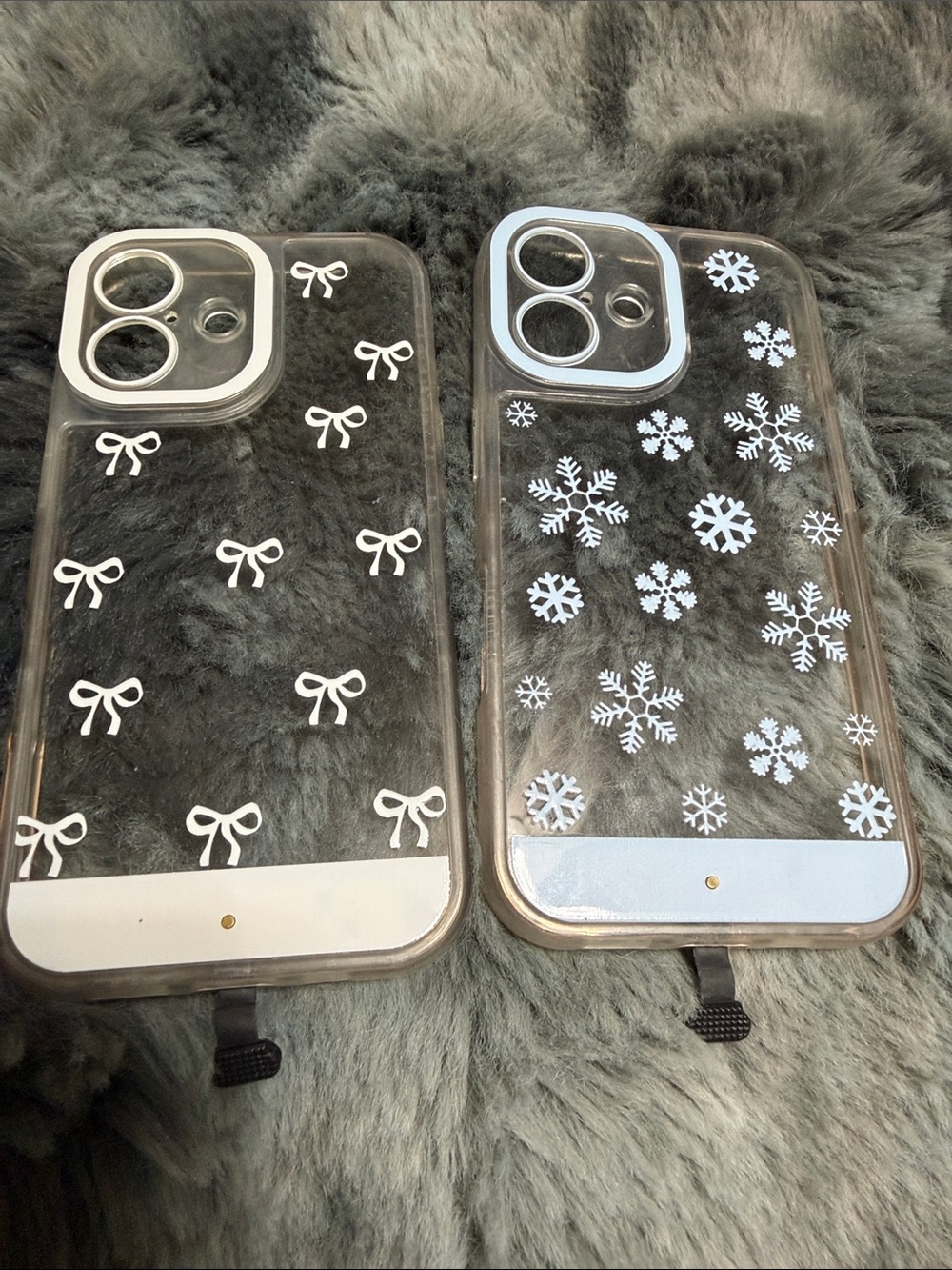 Apple Clear Phone Case Duo with White Bow and Snowflake Designs